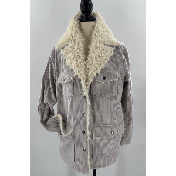 KUT from the Cloth Faux Fur Cord Jacket Gray Cream L Sherpa Coat Shirt - Picture 1 of 10